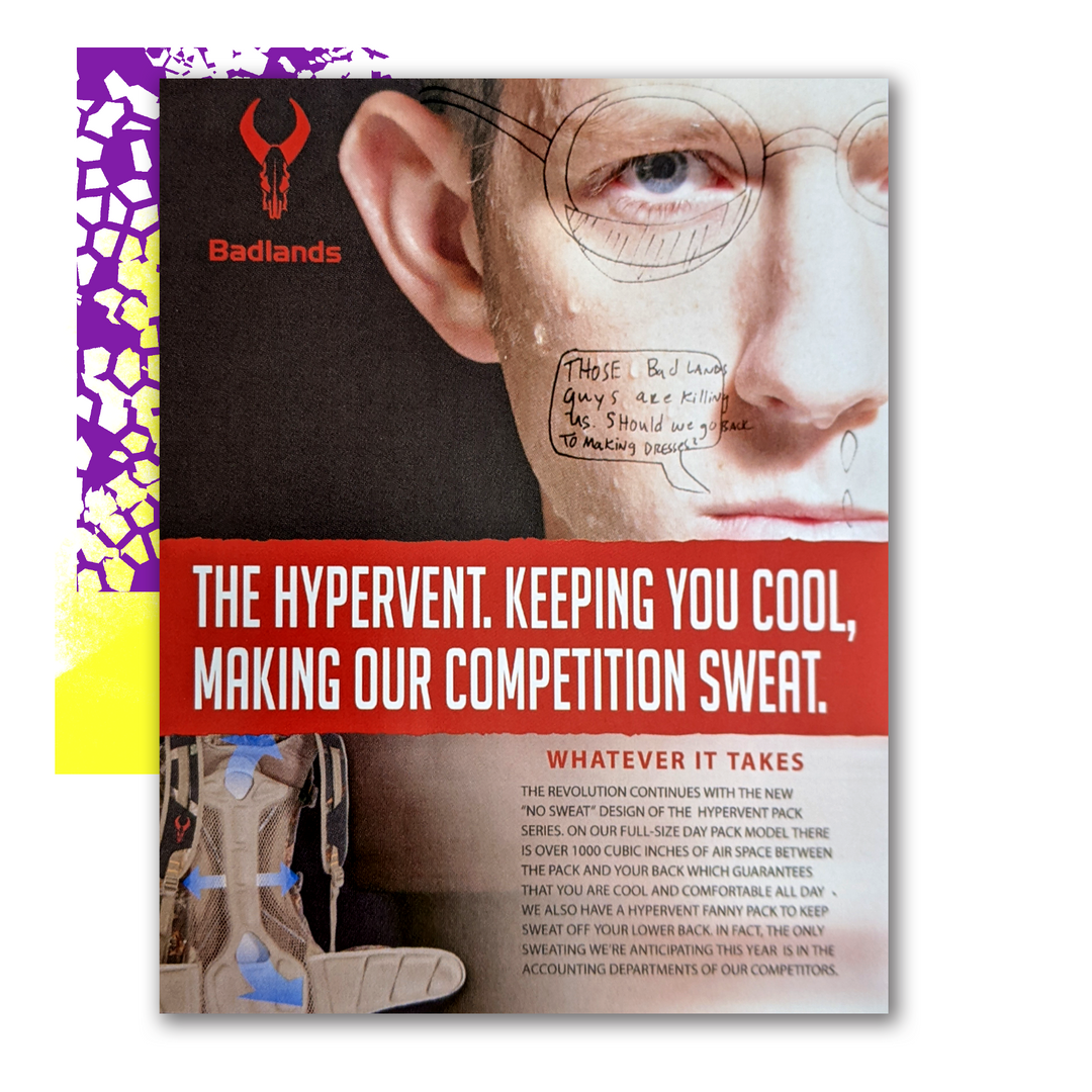 Badlands logo with skull, ear, and backpack ad text about Hypervent pack’s “no sweat” design and comfort features.