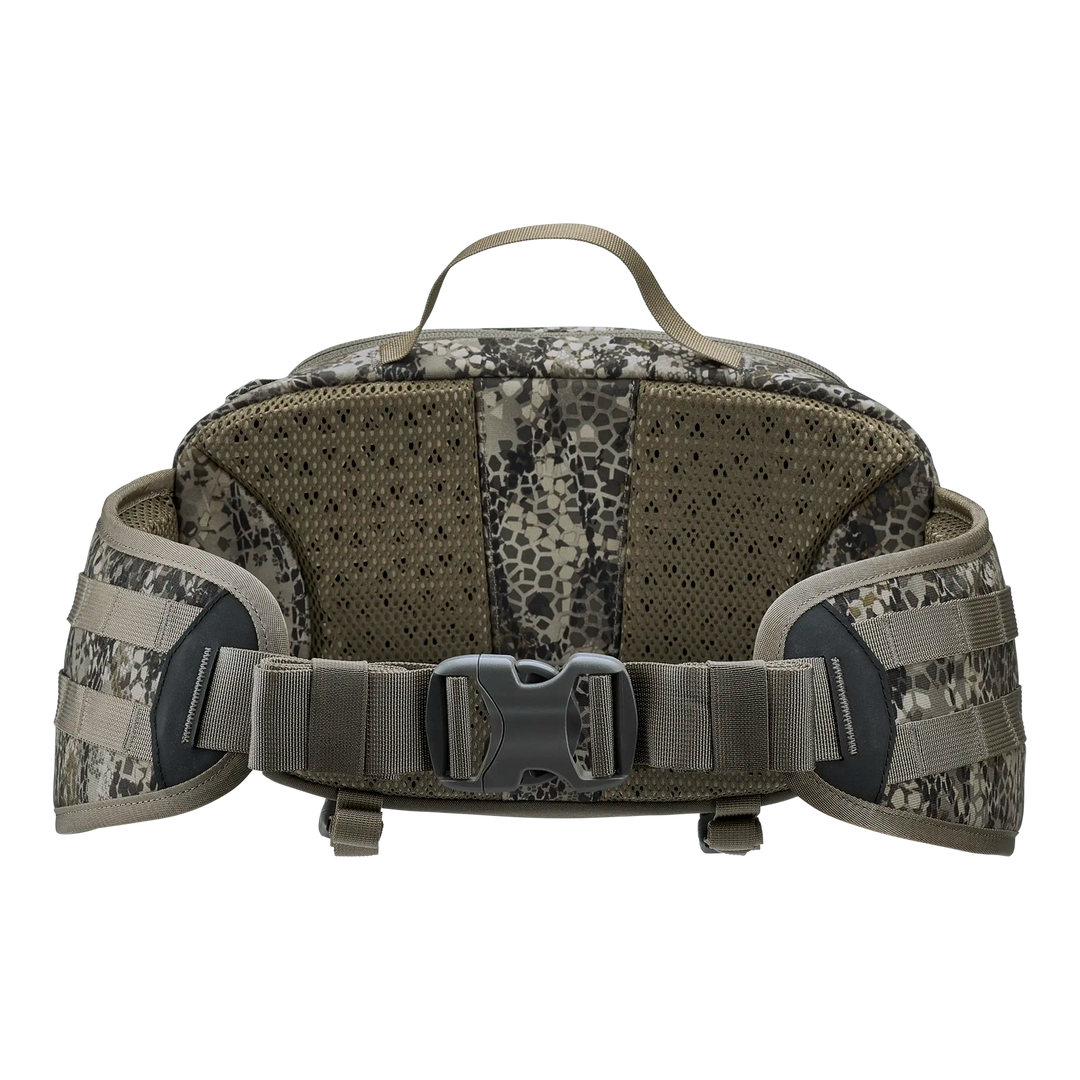 Badlands camo waist pack with padded mesh back, adjustable belt, and skull logo on buckle.