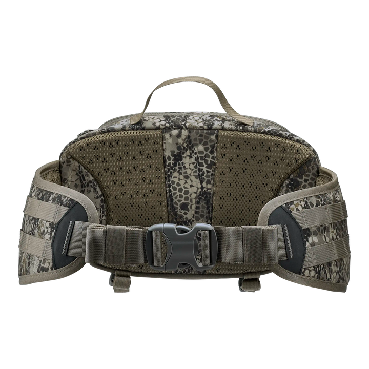 Badlands camo waist pack with padded mesh back, adjustable belt, and skull logo on buckle.
