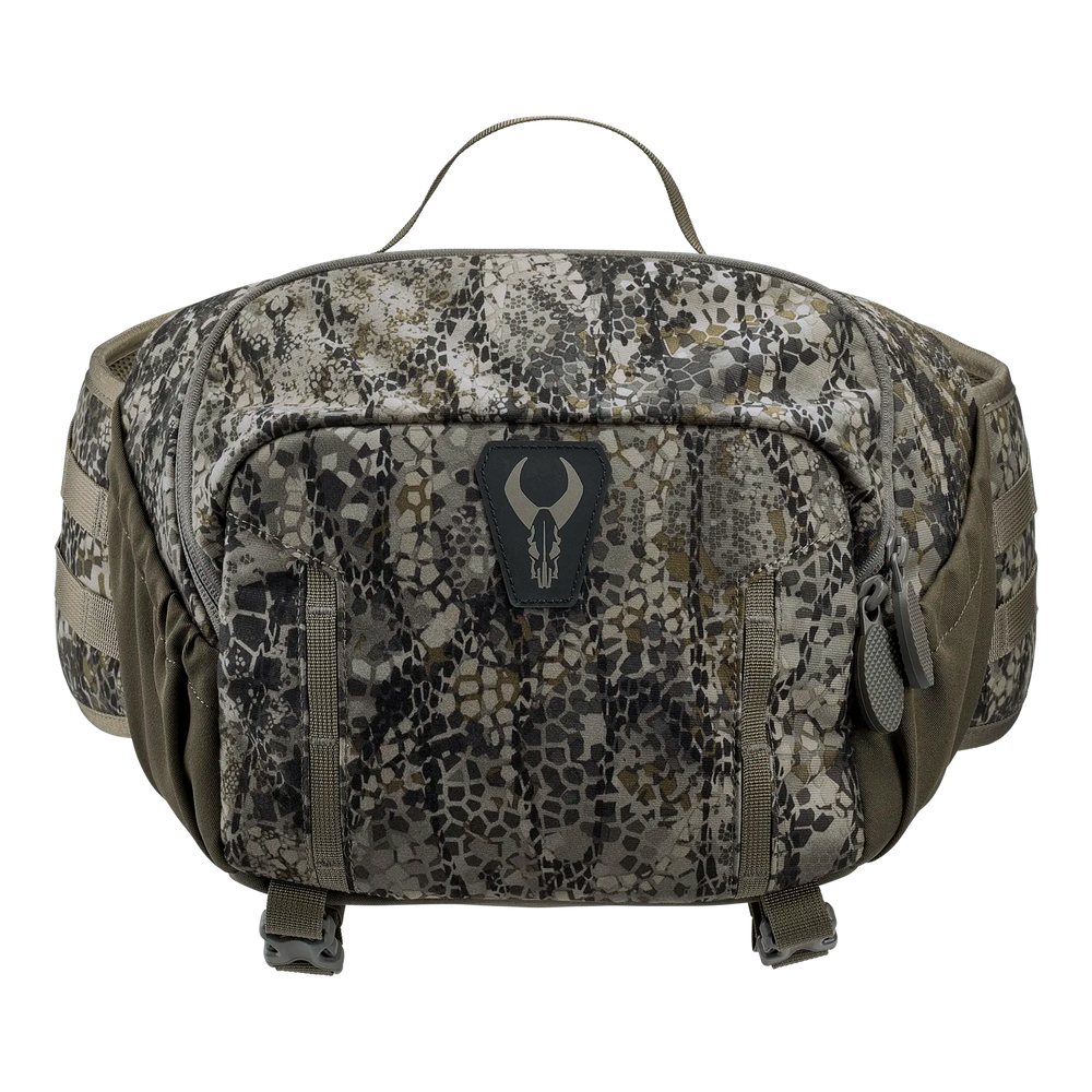 Badlands camo waist pack with multiple zippers and skull logo on front, designed for outdoor and hunting use.