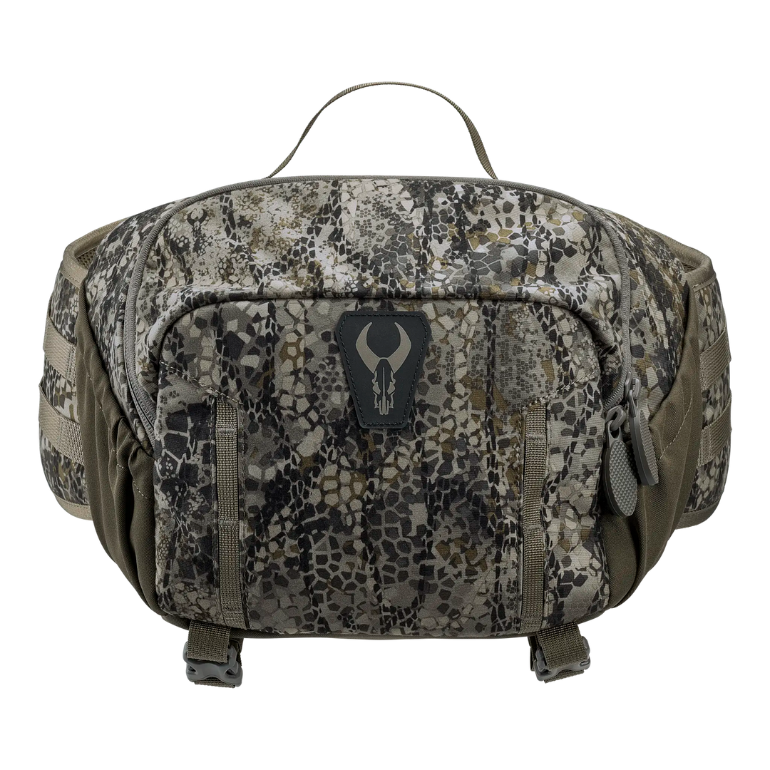 Badlands camo waist pack with multiple zippers and skull logo on front, designed for outdoor and hunting use.