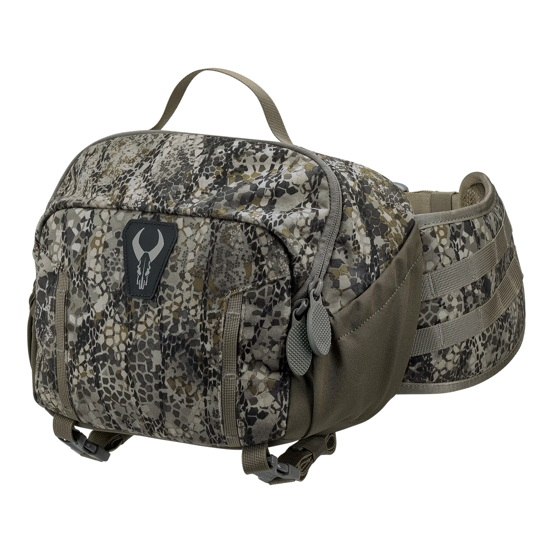 Badlands camo waist pack with zippered pockets and skull logo, designed for outdoor and hunting use.