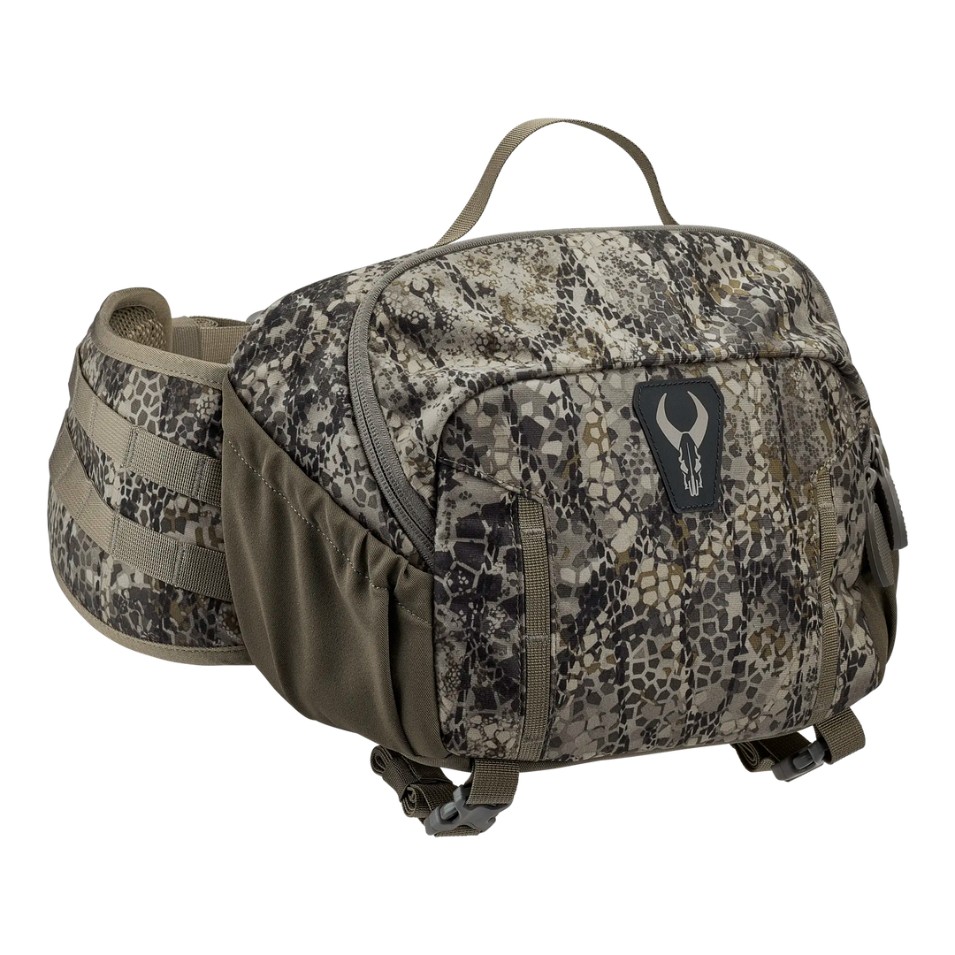 Badlands camo waist pack with zippered pockets, side pouches, and Badlands skull logo on the front.