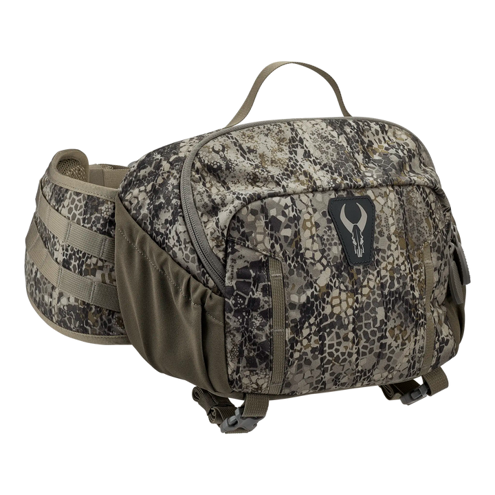Badlands camo waist pack with zippered pockets, side pouches, and Badlands skull logo on the front.
