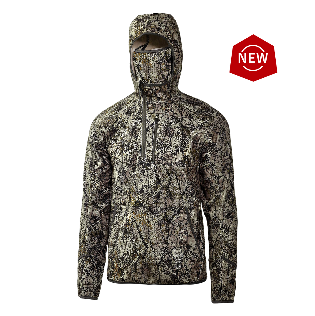 Badlands camo jacket with hood, chest zipper, and skull logo; "NEW" badge in top right corner.