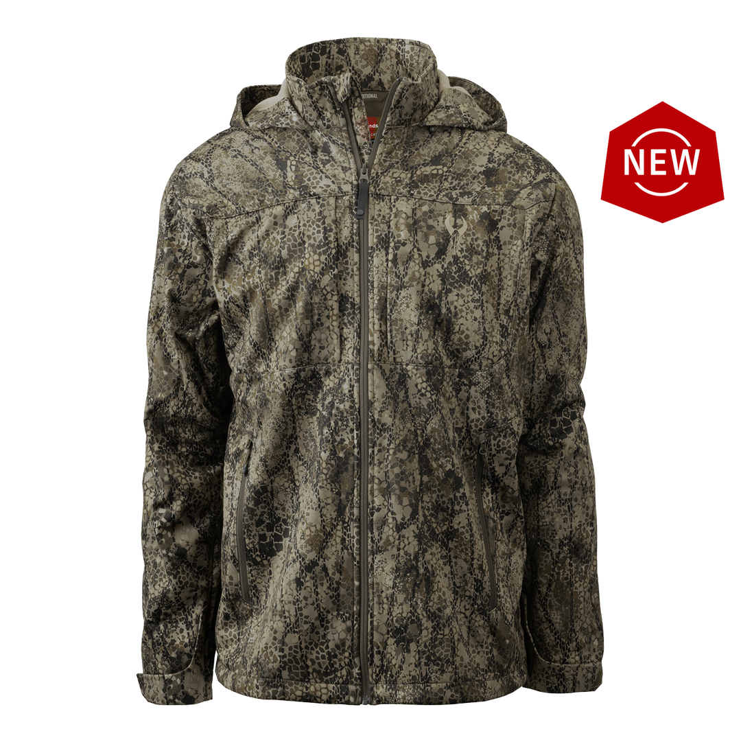 Badlands camo jacket with hood, front zipper, and skull logo. "NEW" badge in top right corner.