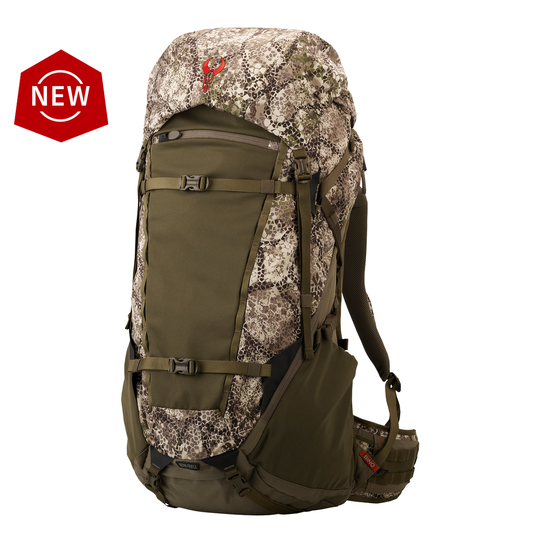 Badlands camo hunting backpack with red skull logo, large main compartment, padded straps, and "NEW" badge on top left.