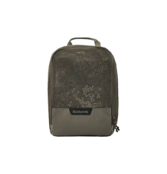 Badlands camo pouch with handle, zip closure, and logo featuring the Badlands skull on front.