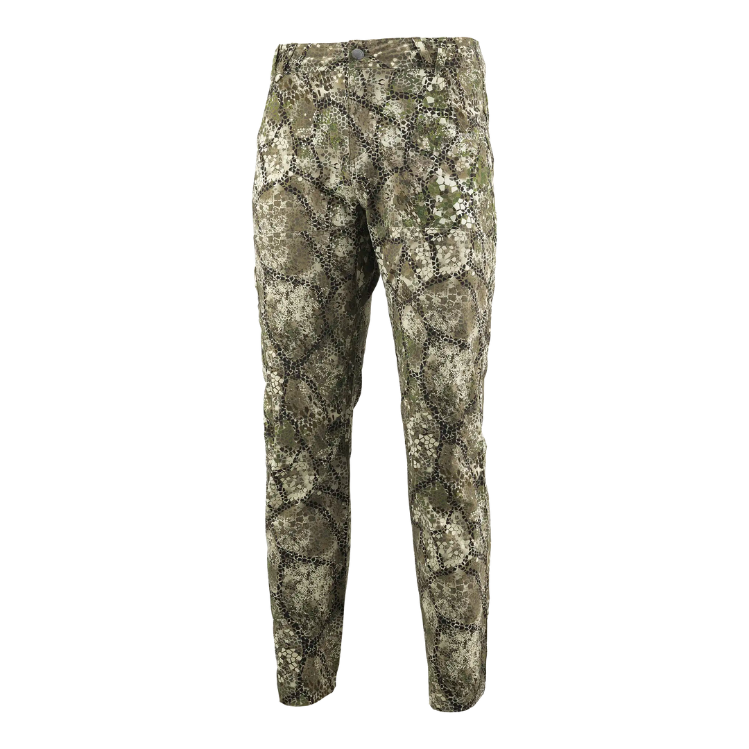Badlands camouflage hunting pants; lightweight, earth-tone pattern, durable fabric, Badlands skull logo on waistband.