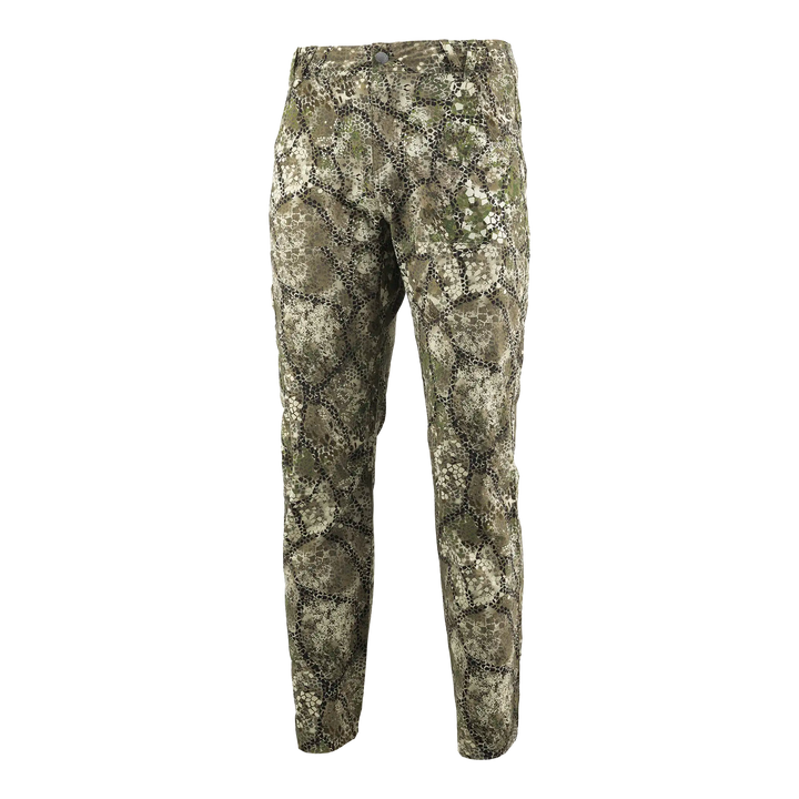 Badlands camouflage hunting pants; lightweight, earth-tone pattern, durable fabric, Badlands skull logo on waistband.