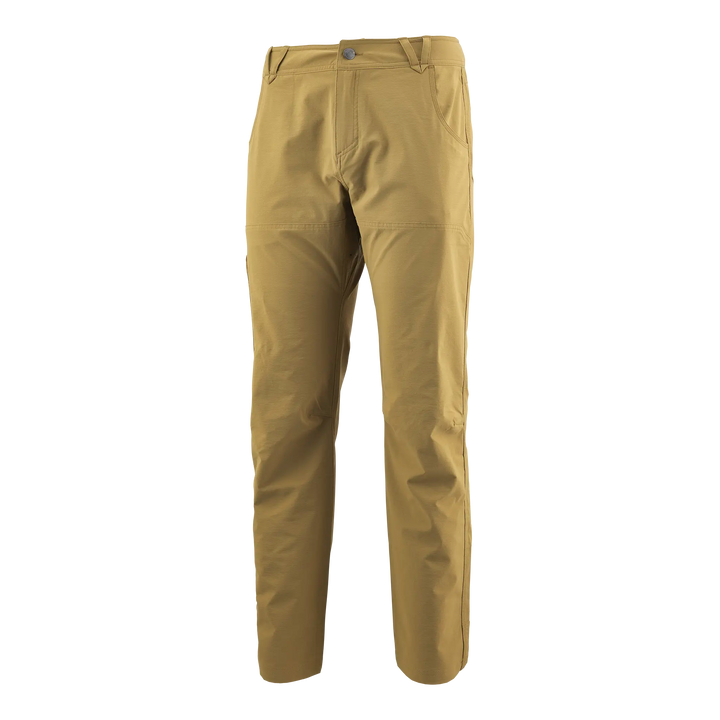 Tan Badlands men's outdoor pants with stretch fabric, front pockets, and subtle Badlands skull logo on the left thigh.
