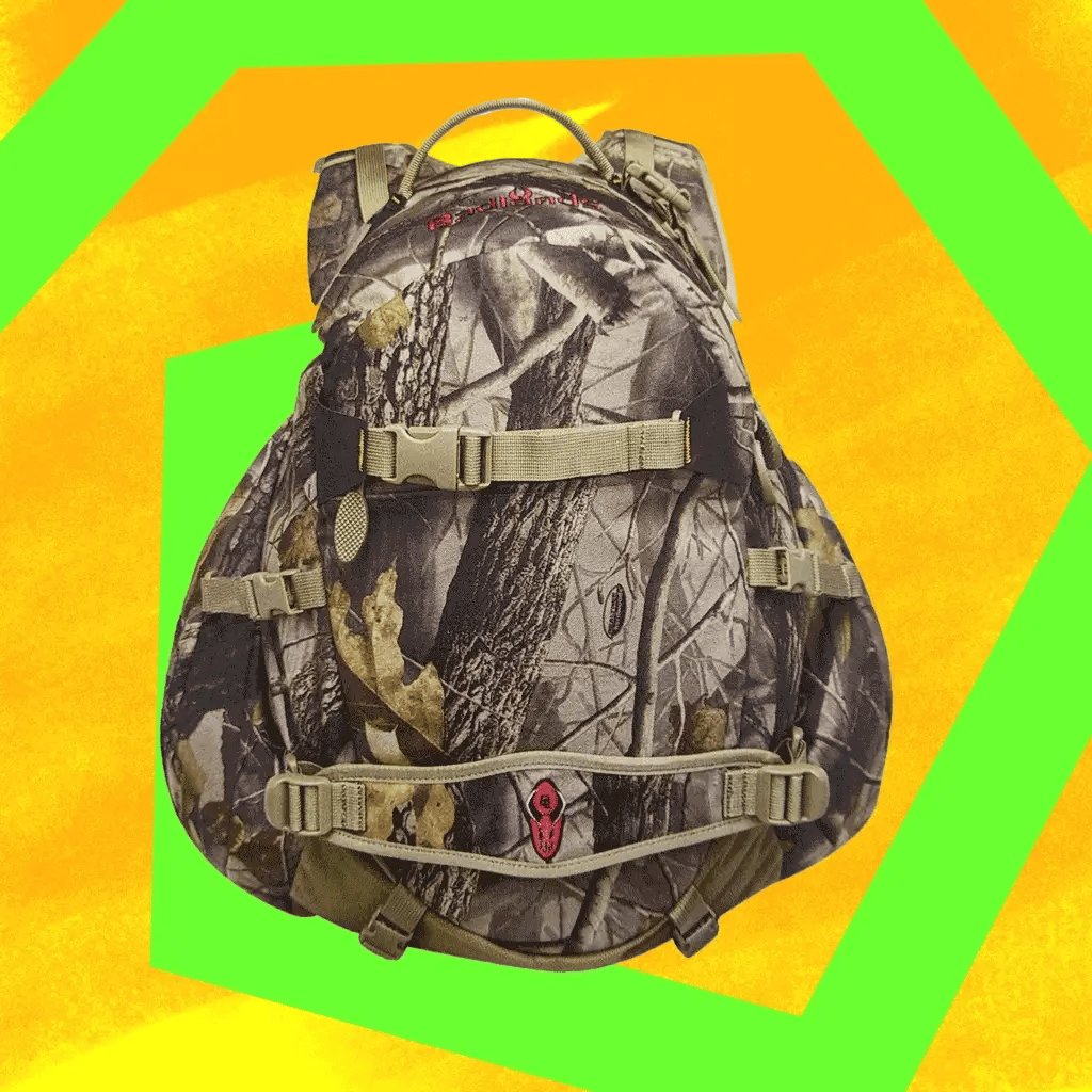Badlands camo backpack with skull logo, tan straps, on a bright yellow and green geometric background.