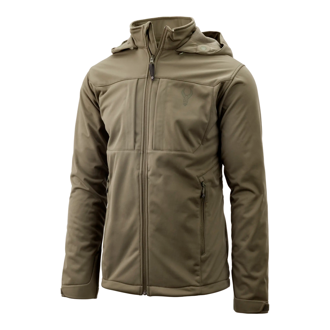 Olive Badlands jacket with hood, front zipper, chest pocket, and subtle skull logo on left chest.