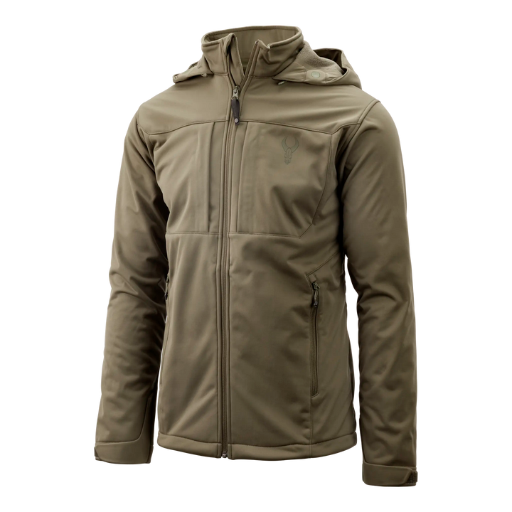 Olive Badlands jacket with hood, front zipper, chest pocket, and subtle skull logo on left chest.