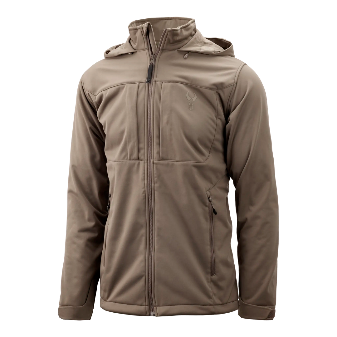 Tan Badlands jacket with hood, full front zipper, chest pocket, and Badlands skull logo on left chest.