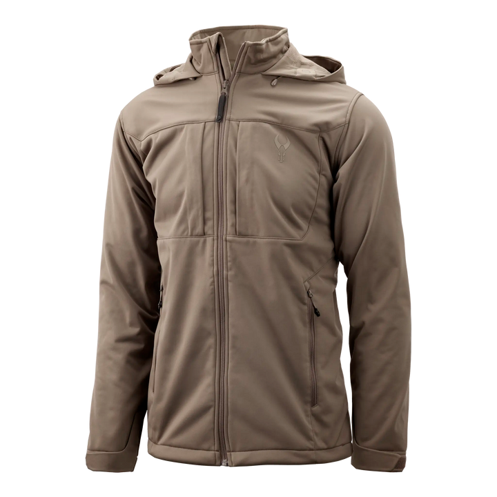 Tan Badlands jacket with hood, full front zipper, chest pocket, and Badlands skull logo on left chest.