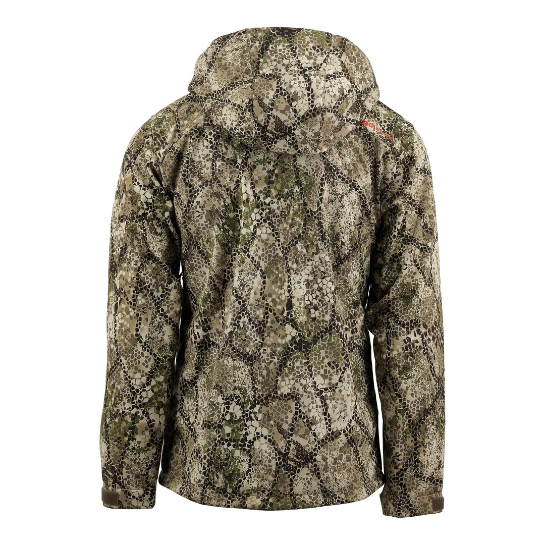 Back view of a Badlands camo jacket with hood, featuring the Badlands skull logo on the right shoulder.