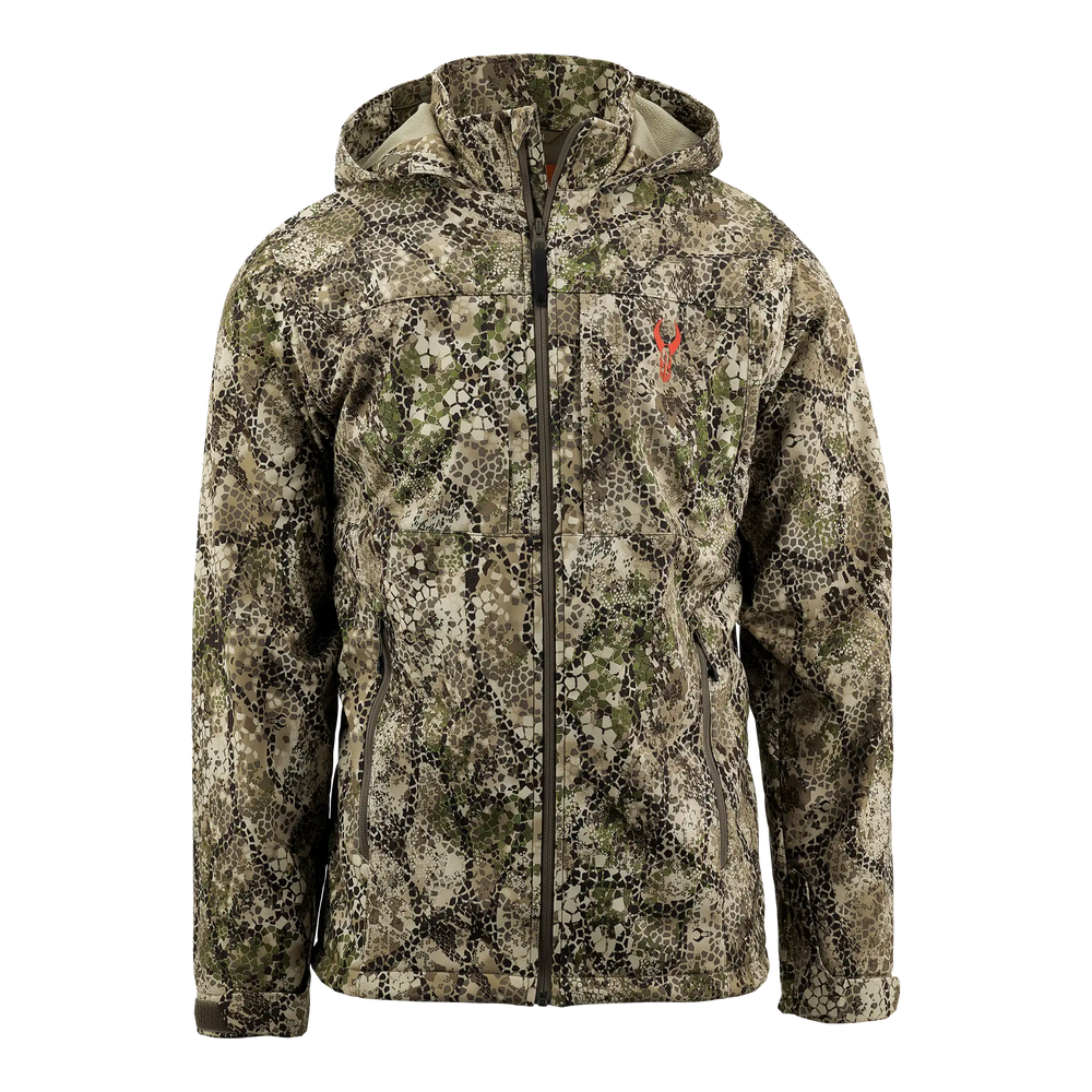 Camo jacket with hood, front zipper, and red Badlands skull logo on chest. Designed for outdoor or hunting use.