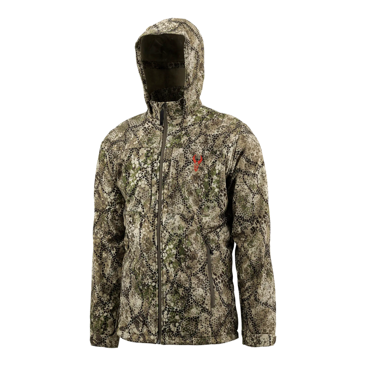 Badlands camo jacket with hood, front zipper, and red skull logo on chest. Designed for outdoor and hunting use.
