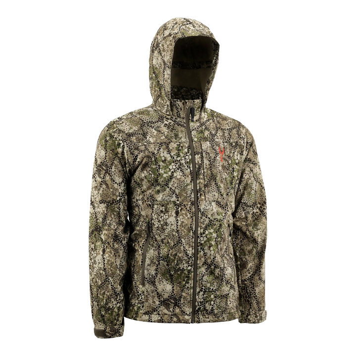 Badlands camo jacket with hood, front zipper, and red skull logo on chest. Designed for outdoor and hunting use.