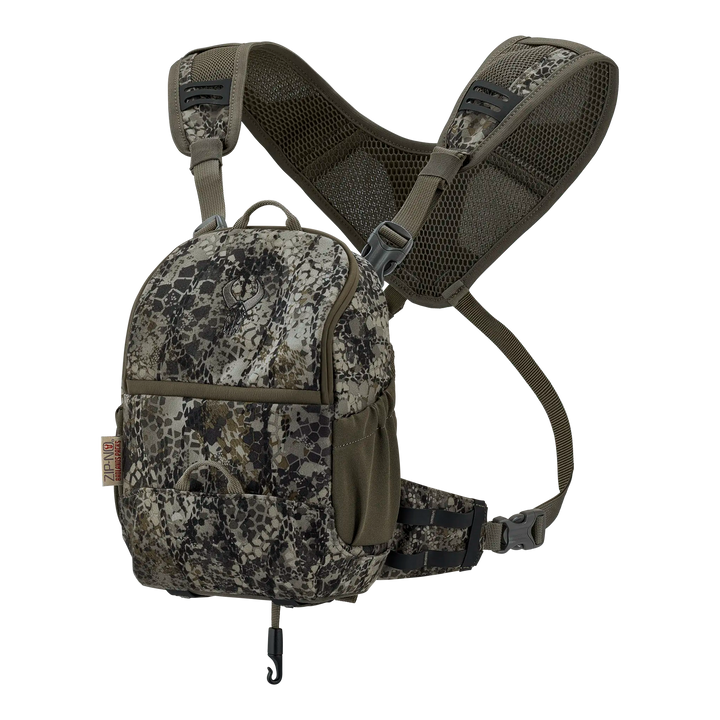 Badlands camo chest pack with mesh straps and skull logo, designed for outdoor gear storage and easy access.