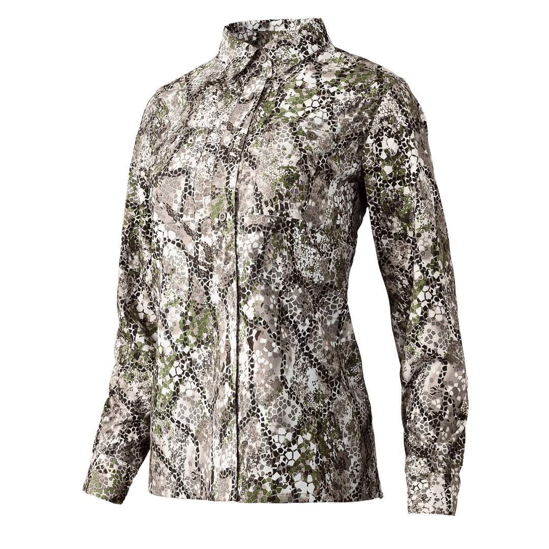 Women's Badlands camo shirt with long sleeves and button front, featuring the Badlands skull logo.