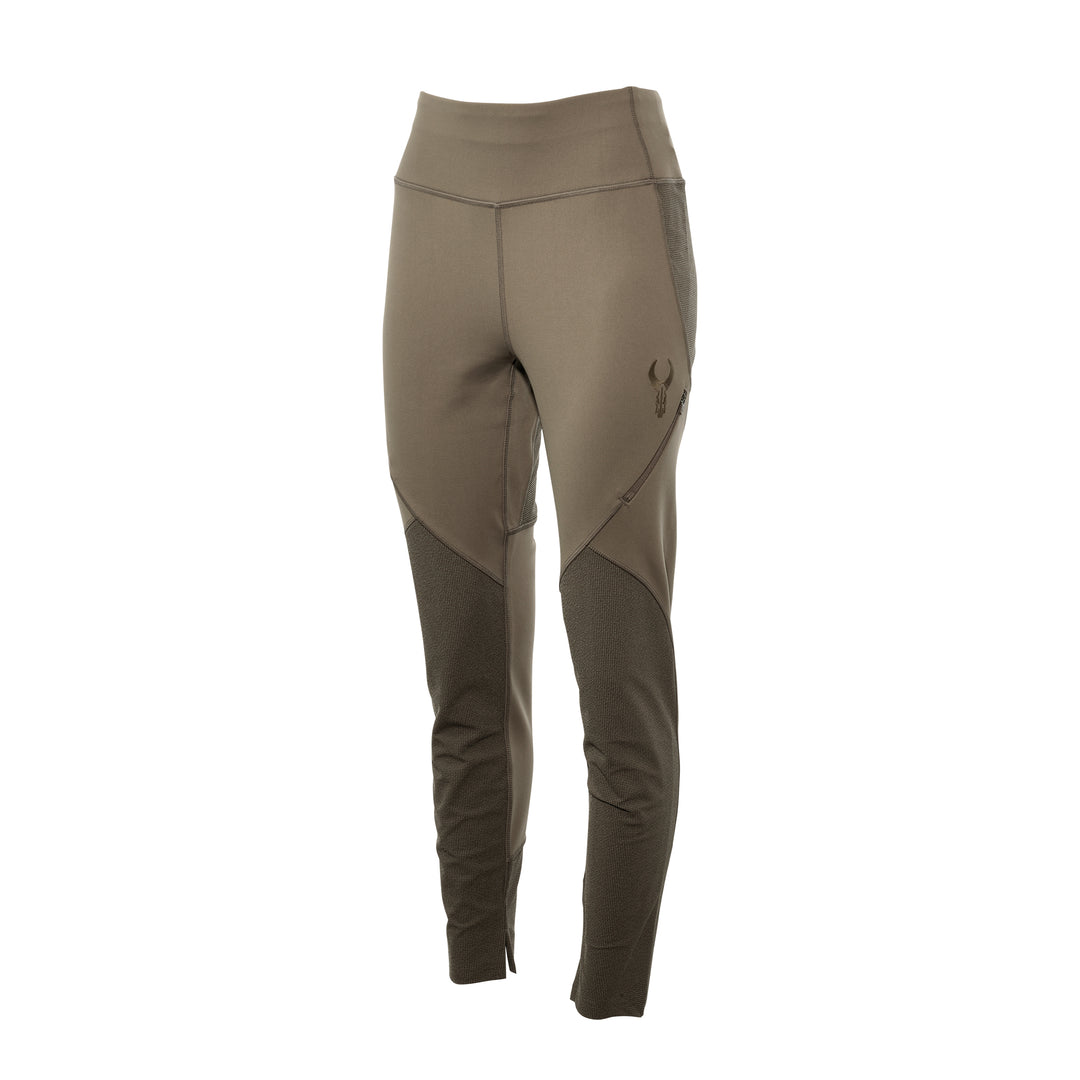 Olive Badlands women's leggings with high waist and Badlands skull logo on right thigh, shown on white background.