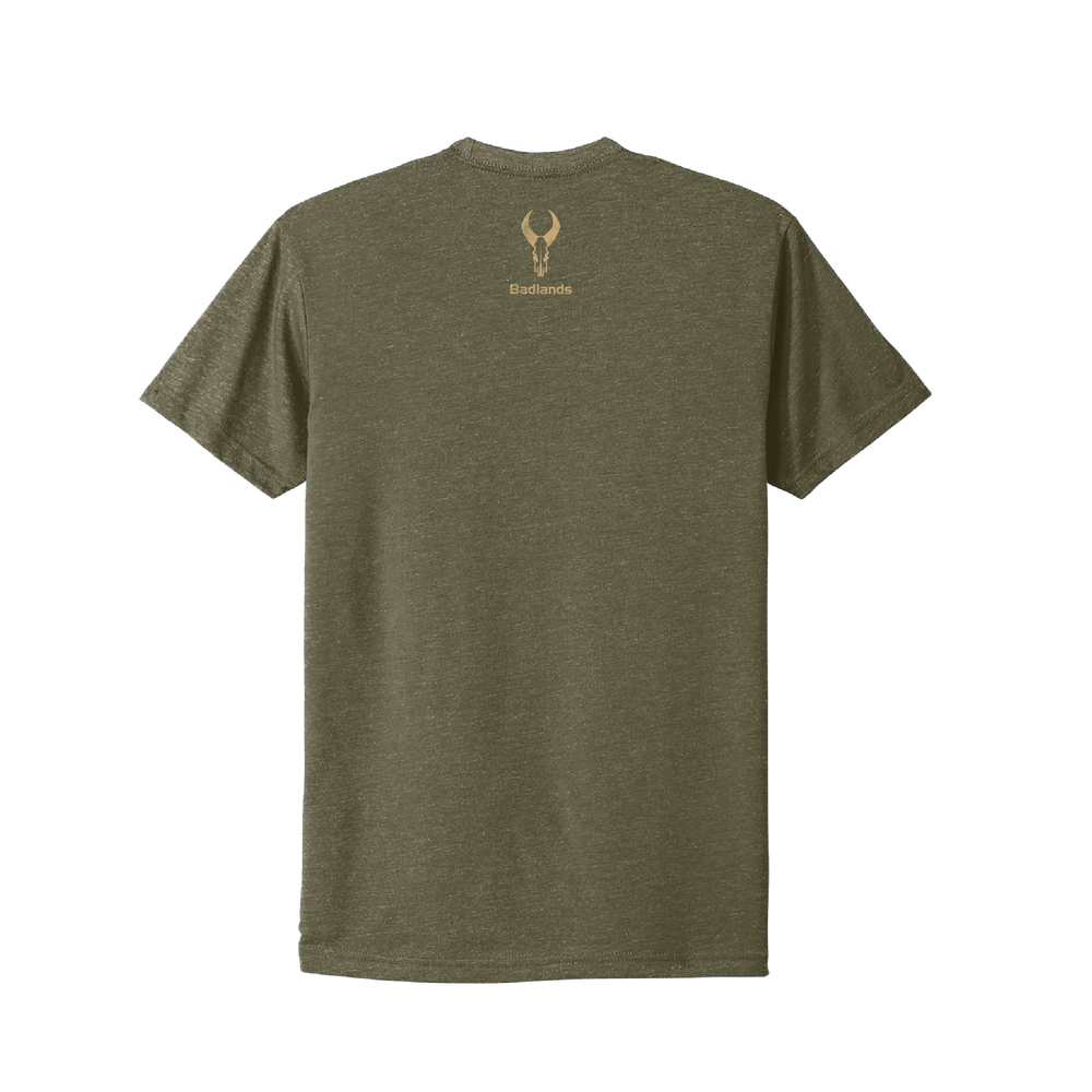 Olive Badlands t-shirt, back view, with tan Badlands skull logo and text centered near the neck.