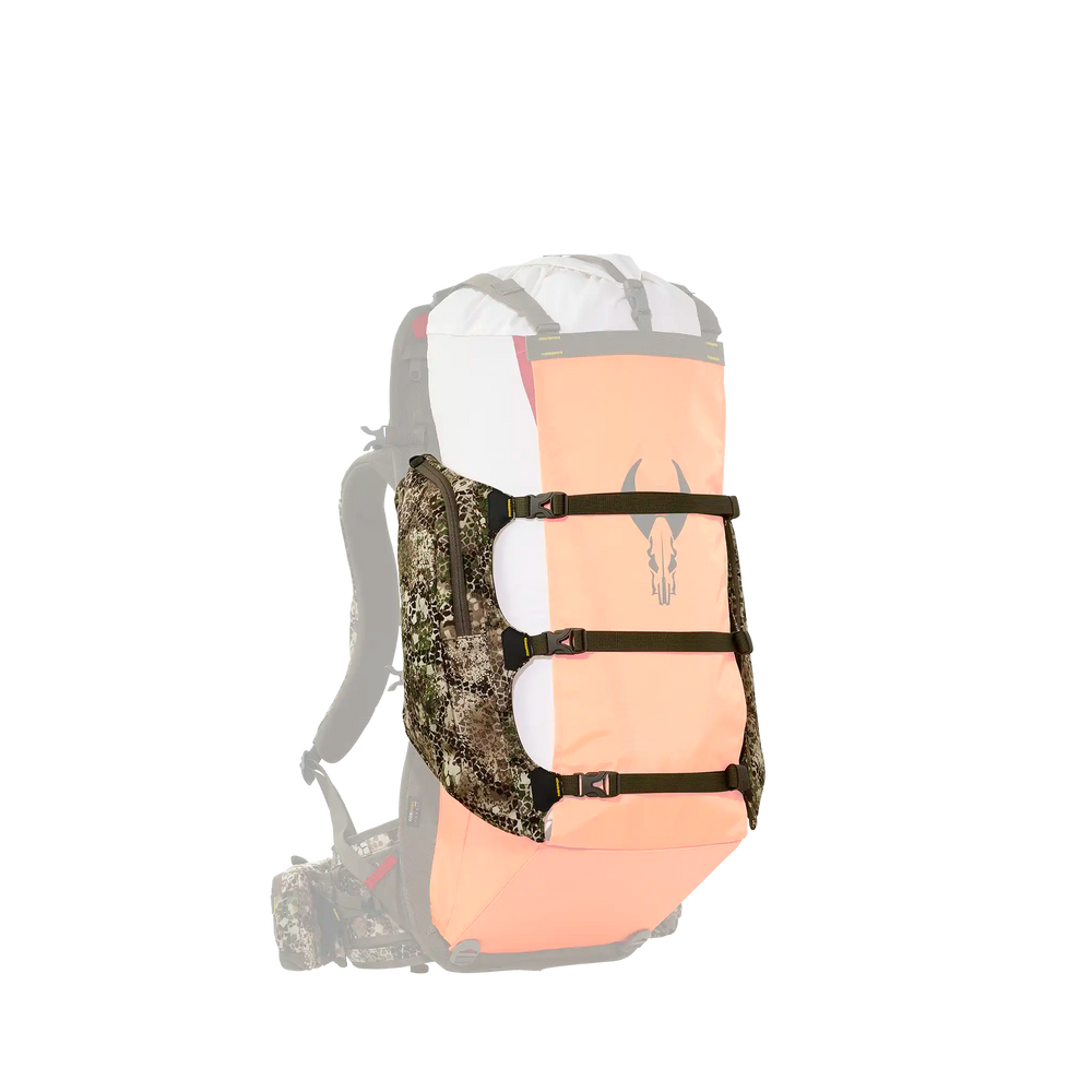 Badlands hunting pack with orange panel and skull logo, featuring camo straps and ergonomic shoulder harness.