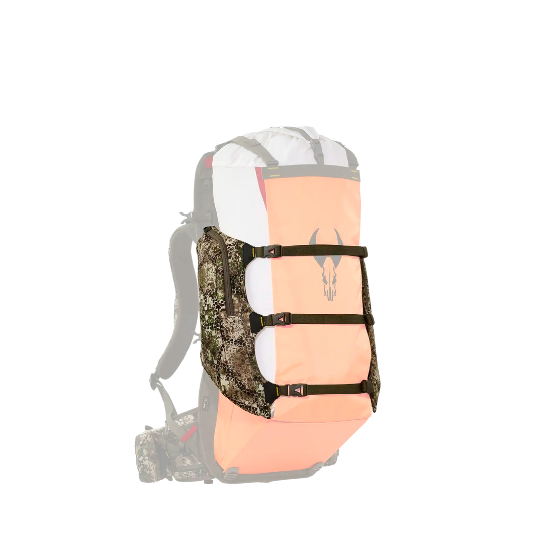 Badlands hunting pack with orange panel and skull logo, featuring camo straps and ergonomic shoulder harness.