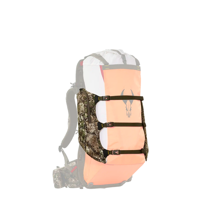 Badlands hunting pack with orange panel and skull logo, featuring camo straps and ergonomic shoulder harness.