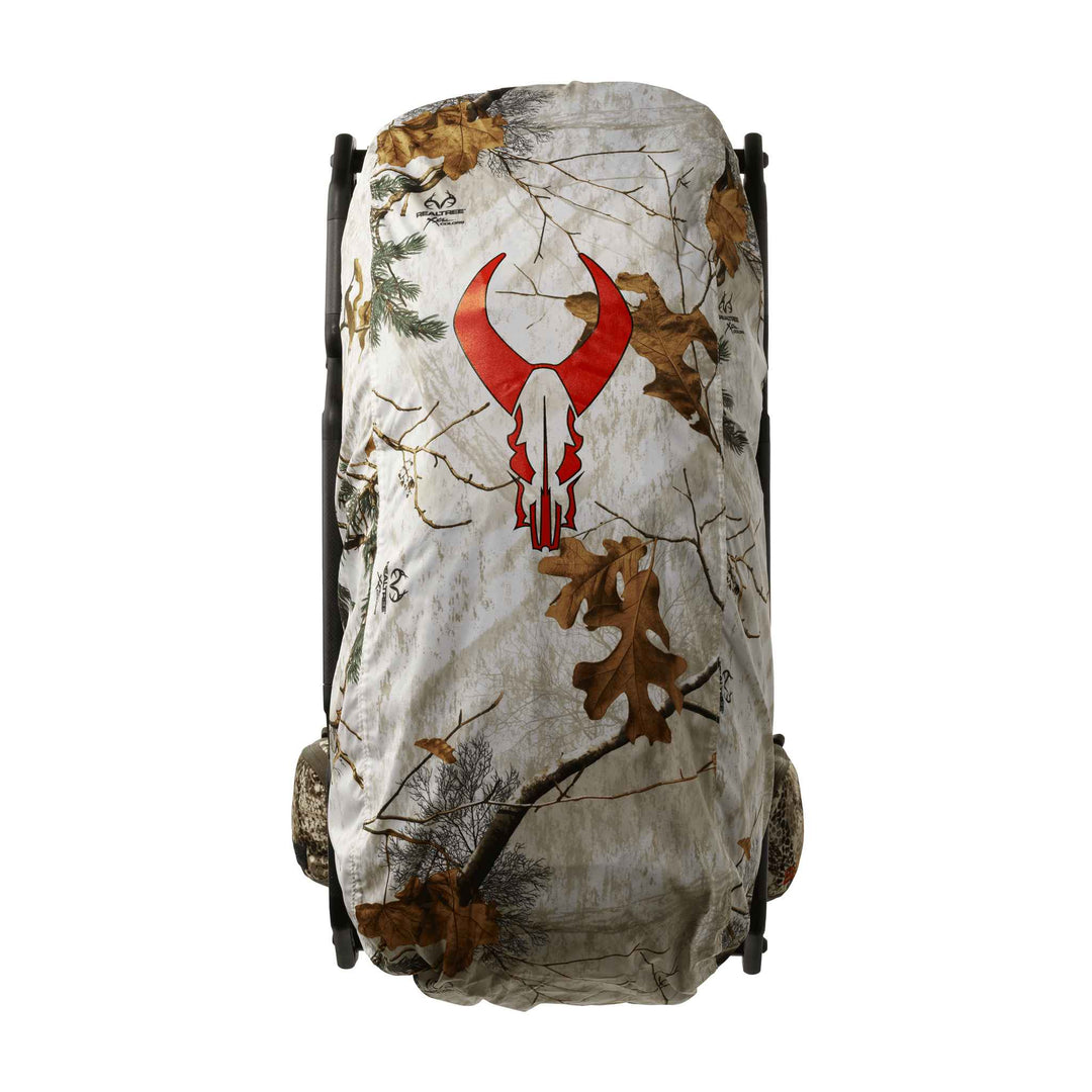 Badlands camo pack cover with red skull logo, featuring branches and leaves on a light background.