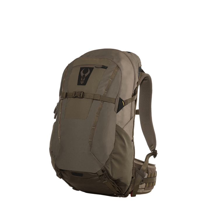 Tan Badlands hunting backpack with padded straps and Badlands skull logo on front panel, shown against a white background.