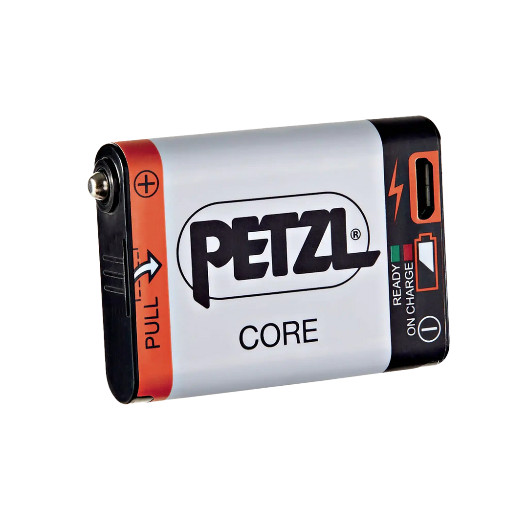 Rechargeable Petzl CORE battery for headlamps, with charge indicator and USB port, shown on a white background.