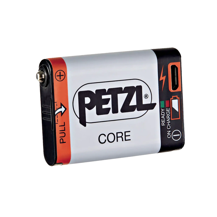 Rechargeable Petzl CORE battery for headlamps, with charge indicator and USB port, shown on a white background.