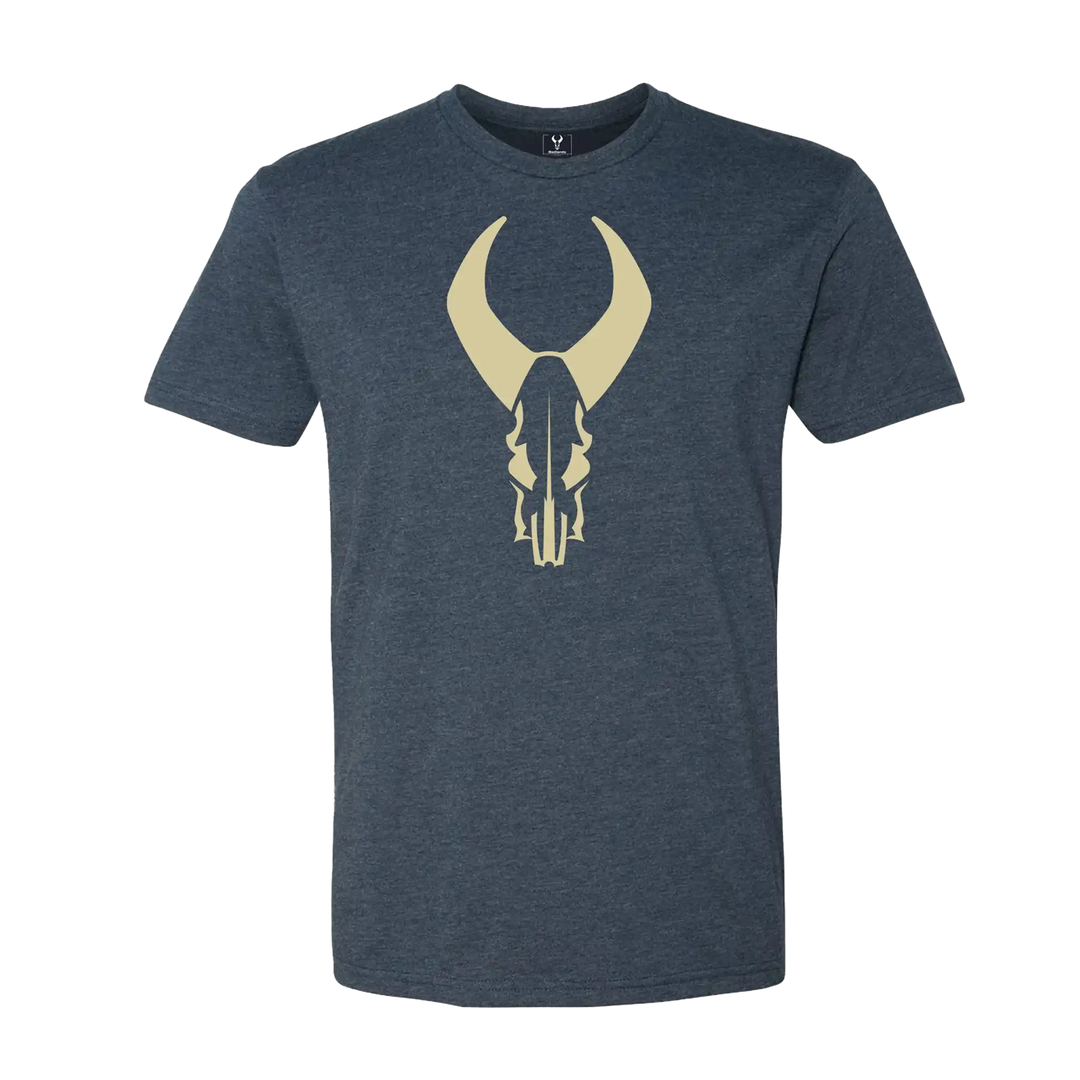 Heather blue t-shirt featuring a large tan Badlands skull logo on the chest. Short sleeves, crew neck.