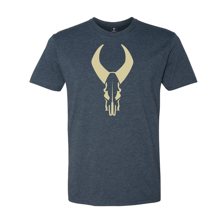 Heather blue t-shirt featuring a large tan Badlands skull logo on the chest. Short sleeves, crew neck.