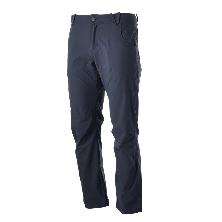 Badlands navy hiking pants with pockets; lightweight, durable, and features the Badlands skull logo.
