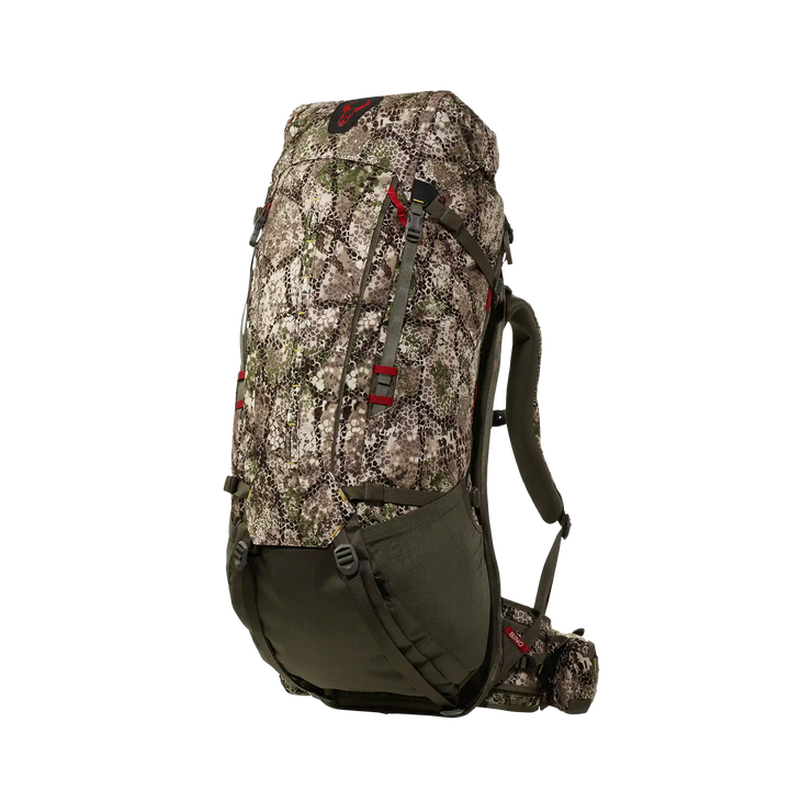 Badlands camo hunting backpack with skull logo, ergonomic straps, and multiple pockets for gear organization.