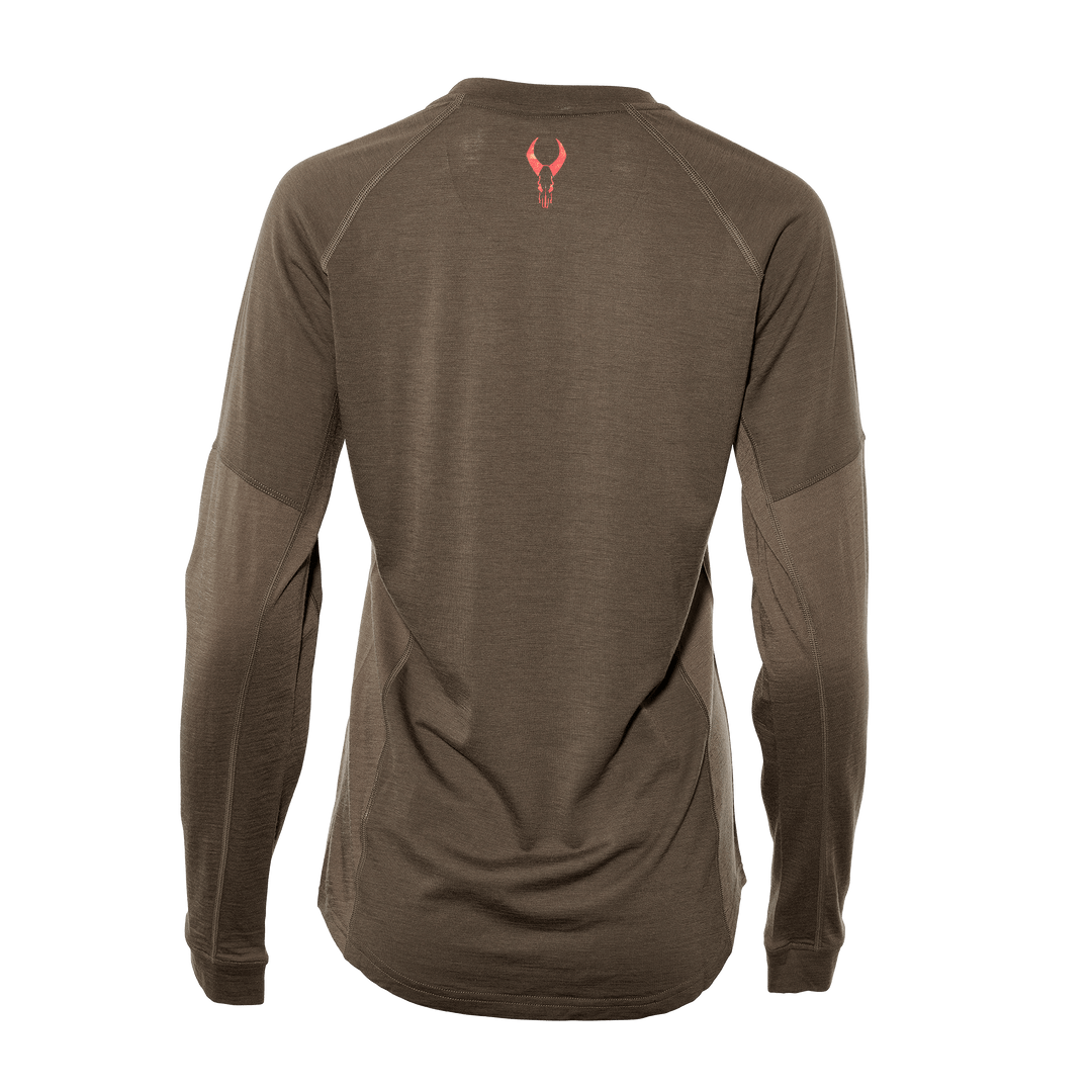 Brown long-sleeve shirt, back view, with red Badlands skull logo at the upper center.