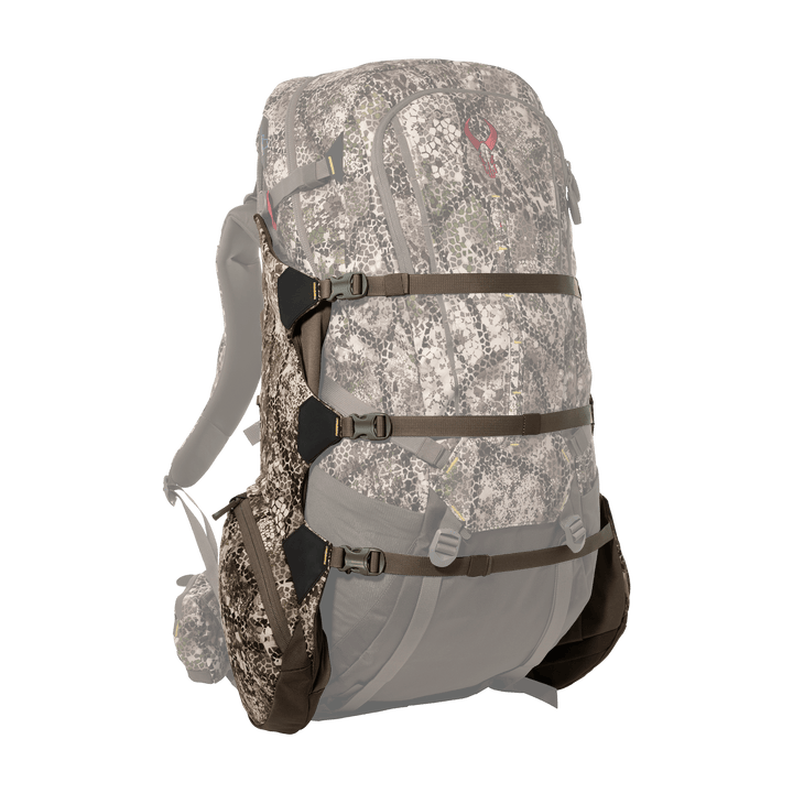 Badlands camo hunting backpack with multiple straps and red skull logo, designed for outdoor gear organization and comfort.