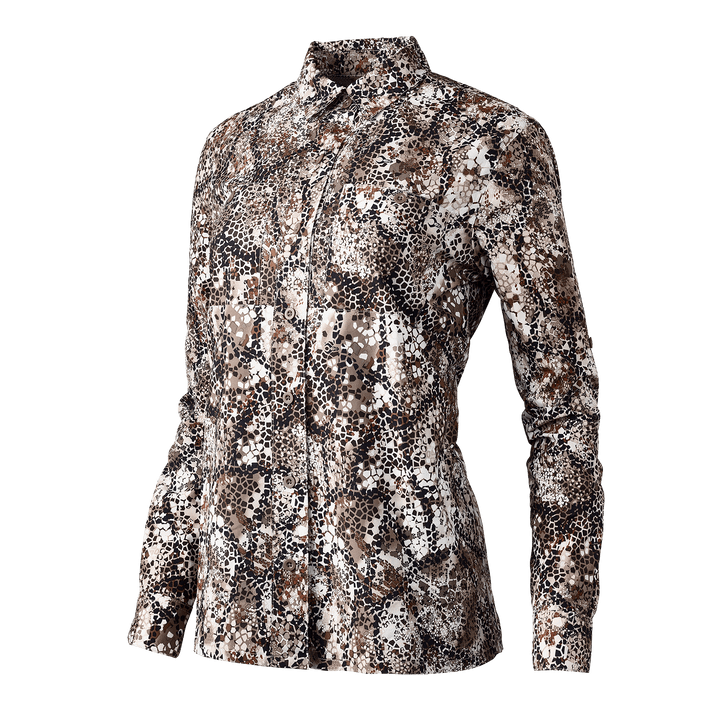 Women's Badlands camo hunting shirt with long sleeves and button front, featuring the Badlands skull logo.