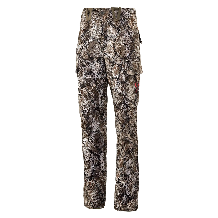 Badlands camo hunting pants with pockets; red Badlands skull logo on right leg.