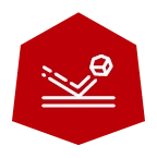 White icon of a bouncing object on a red hexagon, representing Badlands abrasion-resistant material.