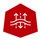 Red Badlands icon with arrows and wavy lines, symbolizing breathable, moisture-wicking fabric technology.