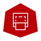 White printer icon on a red hexagon, representing Badlands printing services.