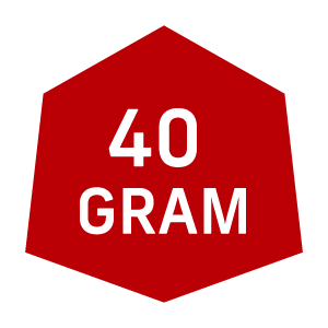 Red hexagon with white text "40 GRAM," indicating Badlands product weight.