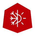 Badlands logo with a half snowflake, half sun icon, symbolizing temperature regulation on a red hexagon background.