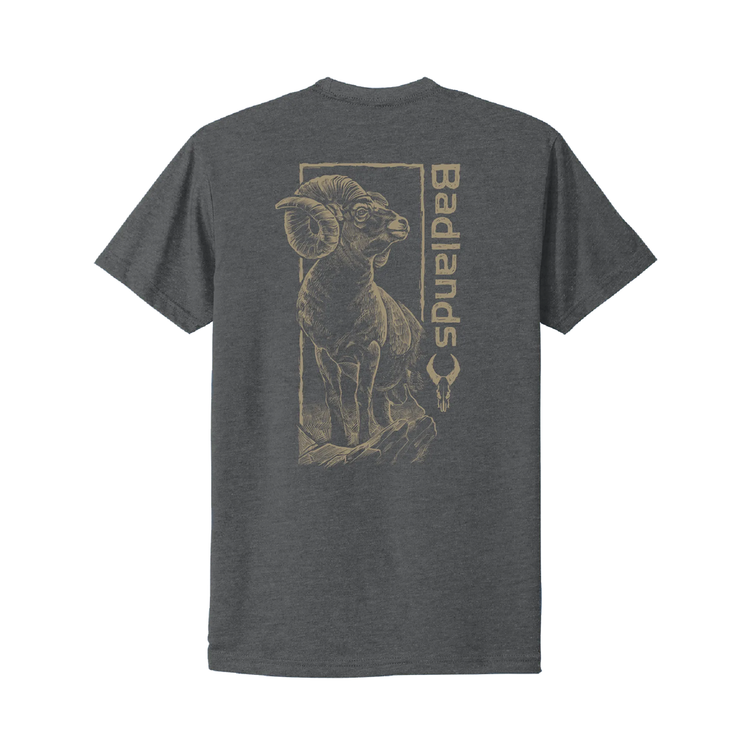 Gray Badlands shirt with bighorn sheep graphic, vertical "Badlands" text, and skull logo on the back.