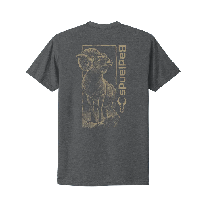 Gray Badlands shirt with bighorn sheep graphic, vertical "Badlands" text, and skull logo on the back.